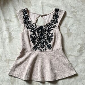 Free People Black Embroidery Peplum Shirt